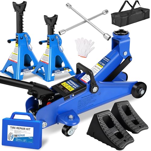 2 Ton (4000 lbs) Capacity, Low Profile Hydraulic Trolley Service/Floor Jack Combo with 2 Ratchet 3 Ton Jack Stands, tire Repair kit, 14-inch Wheel Cross Wrench - color: 2Ton + Stands+Tire repair+Wrench+Wheel chock Blue