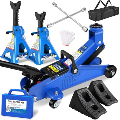 2 Ton (4000 lbs) Capacity, Low Profile Hydraulic Trolley Service/Floor Jack Combo with 2 Ratchet 3 Ton Jack Stands, tire Repair kit, 14-inch Wheel Cross Wrench - color: 2Ton + Stands+Tire repair+Wrench+Wheel chock Blue
