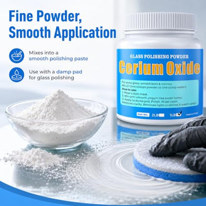 Cerium Oxide Glass Polishing Powder (1 lb) – 99% Pure White 1 Micron Glass Polish Compound for Windshield & Car Window Scratch Repair, Removes Wiper Marks & Water Spots