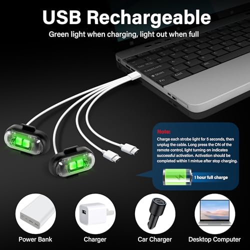Wireless LED Lights for Car 8PCS with Remote Control, Wireless LED Strobe Lights 8 Colors USB Charge IP65 Waterproof Anti-Collision for Car Motorcycle Drone RC Aircraft Bike, Black