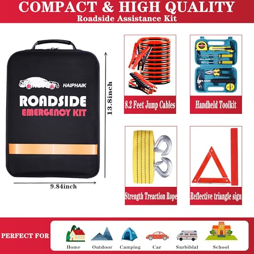 Car Emergency Kits for Vehicles with Jumper Cables Automotive Safety Kits | Roadside Emergency Car Kit headlamp, Reflective Triangle, Safety Hammer, Folding Shovel, Ideal Gifts for New Drivers - size: 84-xx