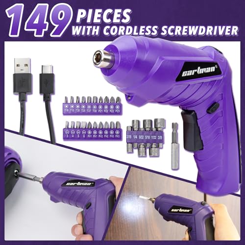 CARTMAN 149PCS Tool Set, Purple Cordless Screwdriver, Home Repair Tool Kit | Complete tool assortment with cordless screwdriver for home repairs, office fixes, furniture setup crafting, and daily tasks. - style: 149 PURPLE