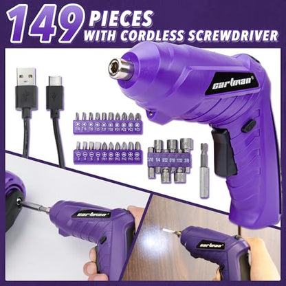 CARTMAN 149PCS Tool Set, Purple Cordless Screwdriver, Home Repair Tool Kit | Complete tool assortment with cordless screwdriver for home repairs, office fixes, furniture setup crafting, and daily tasks. - style: 149 PURPLE