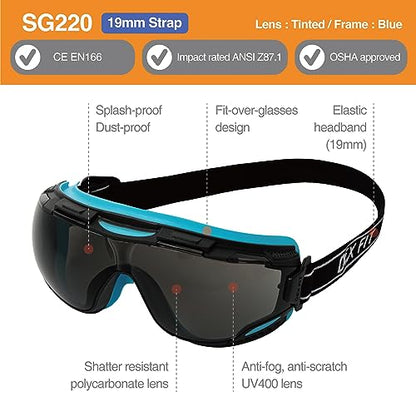 DEX FIT Safety Goggles SG220, Wide-Vision Lab & Chemical Splash Eye Protection, Anti-Fog & Scratch Resistant, Soft Seal, Z87.1 Approved; Black/Blue, Smoke Tinted Lens, 19mm Strap, 1 PC - color: Black/Blue - Smoke - 19mm