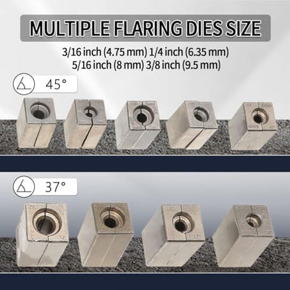 DPTOOL Brake Line Flaring Tool Kit, 45 and 37 Degree Single, Double and Bubble Flares, Brake Line and Tubing Flaring Tool for 3/16", 1/4", 5/16", 3/8" and 4.75mm Tubing - size: 37&45 Degree
