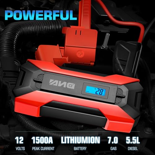 ‎DNA Motoring TOOLS-00214 12V 1500A 15000 mAh Multi-Function Portable Car Battery Jump Starter for Up to 7.0L Gas & 5.5L Diesel Engine, with Carry Case, Red - color: Red, style: 1500A Peak