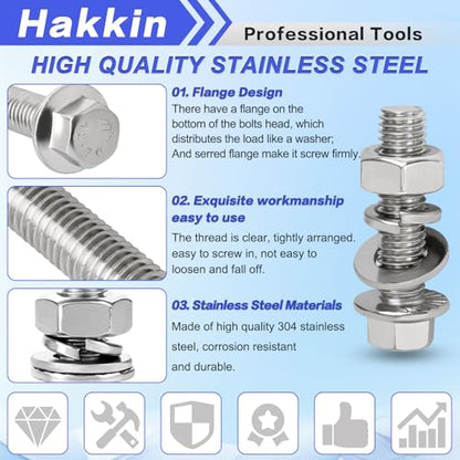 370PCS Metric Flange Bolt Assortment, M6x1.0, M8x1.25, M10x1.5 (12mm to 40mm) Hex Head Bolts and Nuts Assortment, Stainless Steel 304 Flange Bolts Nuts Washers Kit Hakkin, Hex Socket Included - size: M M6 M8 M10 Flanged Bolt Silver 370pcs