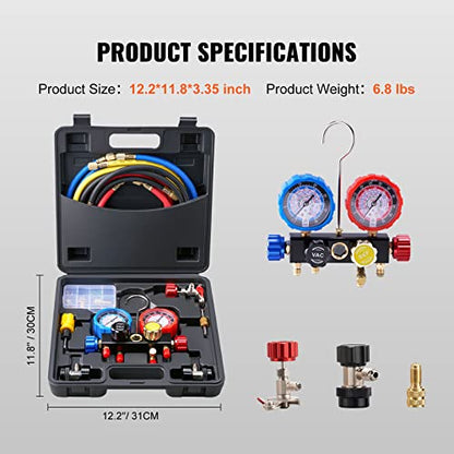 VEVOR 4 Way AC Gauge - AC Manifold Gauge Set for R134A R22 R12 R410A Refrigerant, Freon Gauges with 5ft Hoses, Couplers, Can Tap Works on Car Auto Freon Charging and Evacuation - size: R134a/R22/R12/R410a, style: 4 Way with Box
