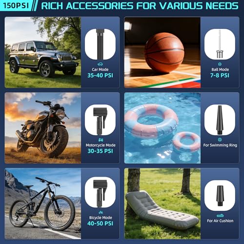 Portable Air Compressor Tire Inflator with Digital Pressure Gauge, LED Lights & Auto Shut-Off Function, Cordless Tire Air Pump with 12V DC Car Plug for Car, Motorcycle, Bicycle, Ball