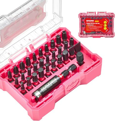 Geinxurn 32Pieces Impact Screwdriver Bits Set, S2 Steel Magnetic Phillips/Slotted/Square/Torx/Hex Muliti Insert Bits Tips Set with Impact Bit Holder and 1/4”Socket Adapter(Pink Storage Box Case) - style: FQ032025-APK