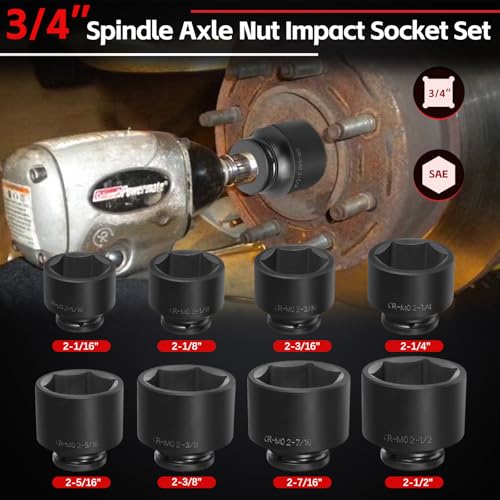 3/4" Drive Spindle Axle Nut Impact Socket Set, 6 Point Large Socket Set, CR-MO, 2-1/16" to 2-1/2", Heavy Duty Impact Socket Set Use In Removing And Installing Axle Nuts