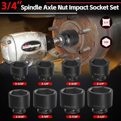 3/4" Drive Spindle Axle Nut Impact Socket Set, 6 Point Large Socket Set, CR-MO, 2-1/16" to 2-1/2", Heavy Duty Impact Socket Set Use In Removing And Installing Axle Nuts