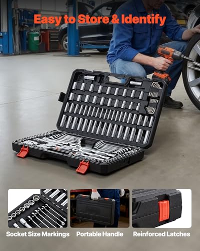 VEVOR Mechanics Tool Set, 159-Piece Mechanic Tool Kit, 1/4 in, 3/8 in, and 1/2 in Drive, SAE and Metric Socket Set, Wrenches, Screwdriver Bits, Accessories, and Storage Case, for Automotive Repair - size: 1/4"&3/8"&1/2", style: 159 PCS