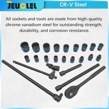 24 Pcs Metric 1/2 Inch Drive 6-Point Standard 8-32mm Socket Ratchet Wrench Set, Short & Long Air Pneumatic Sockets Spanner for Automotive Repairs Machinery Maintenance Household Maintenance