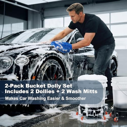 2-Pack Professional Car Wash Bucket Dolly Detailing Station, 310 lbs Heavy Duty Reinforced Polymer Bucket Stand, 5 Swivel Casters & 2 Brakes, Fits 5 Gallon Buckets, 2 Wash Mitts Included