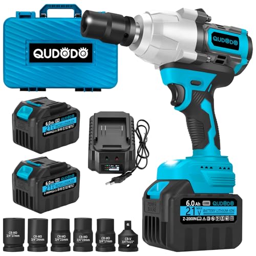 2000 Nm Cordless Impact Wrench, 2 x 6.0 Ah Battery Impact Gun, 3/4 High Torque Brushless wiht 1/2 Adapter Connector of Applications, Suitable for Trucks,Rvs,Cars and Heavy-Duty Construction