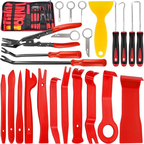 Keze 24Pcs Trim Removal Tool Set with Pick & Clip Removal Tool, Sticker Scraper, Automotive Plastic Pry Tool, Car Panel Door, Stereo, Fastener Remover Kit, for Auto Interior, Molding, Dash(Red) - color: Red-Auto Trim Removal Tool Kit