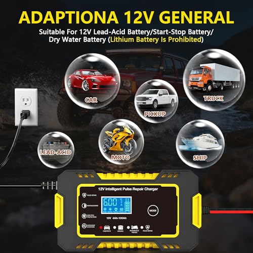 12V 6-Amp Battery Charger, Smart Trickle Charger Maintainer Yellow | Battery Desulfator, Winter & Summer Mode, Lead-acid Battery Chargers, for Car Truck Motorcycle Lawn Mower Boat - color: YELLOW