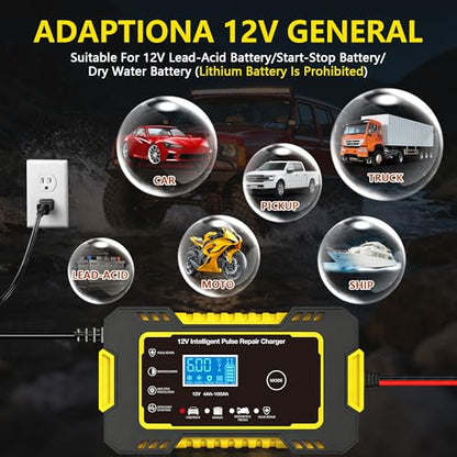 12V 6-Amp Battery Charger, Smart Trickle Charger Maintainer Yellow | Battery Desulfator, Winter & Summer Mode, Lead-acid Battery Chargers, for Car Truck Motorcycle Lawn Mower Boat - color: YELLOW