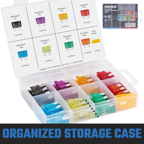 NEIKO 50504A Car Fuses Assortment Set, 80pc, Fast Acting, Auto Fuses Kit, Standard Sizes, 1A, 3A, 5A, 10A, 15A, 20A, 30A, and 40 Amp, Marine Boat, Automotive, Motorcycle, RV, Car Fuse Kit, Fuse Puller - style: Car Fuse Set
