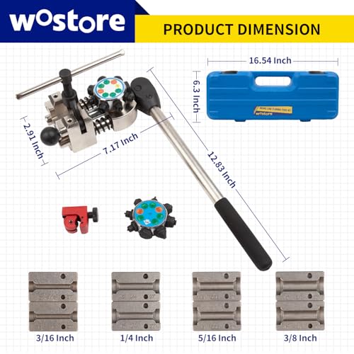 Wostore 45°&37° Brake Line Flaring Tool Kit, Single/Double/Bubble, 5 Dies | 45° & 37° single, bubble & double flare. 5 dies: 3/16-3/8 & 4.75mm. Works on copper, stainless steel & soft metal lines.