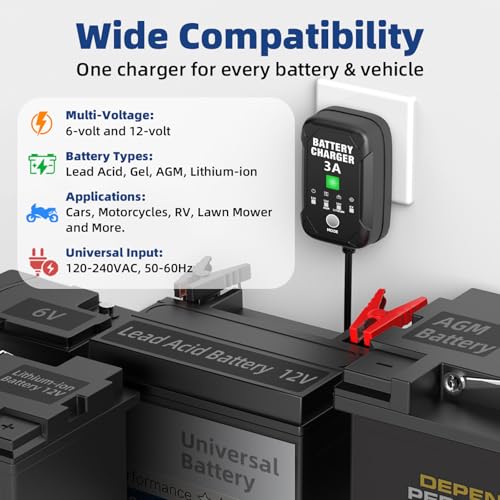 3A 6V/12V Car Battery Charger – Smart Trickle Charger, Battery Maintainer & Desulfator with Overcharge Protection & Temperature Compensation – for Lead Acid, AGM, Gel, Lithium Batteries - size: 3A