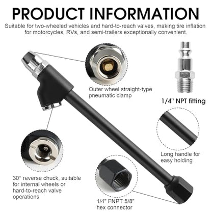 Air Chuck Tire Inflator Tool, 1/4 Inch FNPT Dual Head Tire Air Chuck with Quick Plug, Valve Stem Removal Tool for Tires Plug Kit and Air Compressor, Car Motorcycle Bike Tires Repair