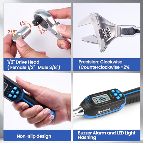Wisscool Digital Torque Wrench, 5-99.6 ft.lb/6.8-135 N.m | HVAC Torque Wrench with 42mm Jaw, 1/2 Drive Ratchet 3/8 Adapter ±2% Accuracy, Vibration Buzzer, LED Indicator for Split AC - size: Open Head/5-99.6 ft.lb
