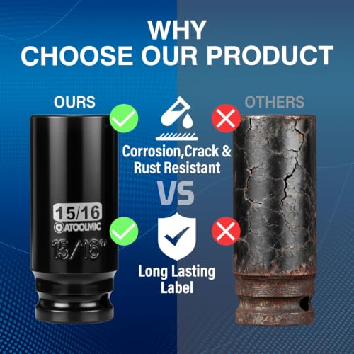 1/2" Drive x 15/16 Inch Deep 6PT CR-MO Impact Socket for Removing Axle nut | SAE Socket,6-Point Radius Corner Design,Two Size Markings,Square Chamfered Opening,For Removal of Axle Nut - size: 15/16 Inch, style: 1/2" Drive Deep Socket