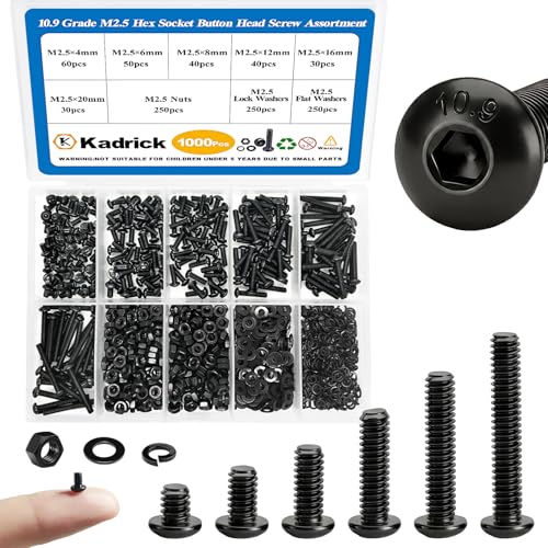Kadrick Metric Screw Assortment, 1000PCS Metric Bolt Assortment Kit M2.5 Machine Screws with Lock & Flat Washers, Grade 10.9 Alloy Steel Hex Socket Button Head Black Screws Nuts and Bolts Kit - size: M2.5 1000Pcs 4-20mm