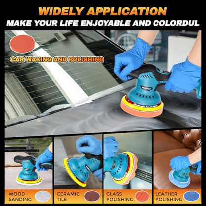 Cordless Car Buffer Polisher Kit with 2x2000mAh 21V Batteries and 28PCS Kit | 8-Speed 6000RPM, 9mm Dual Action Orbit, 150mm Base Plate, Brushless Motor, LED Display, for Waxing/Polishing/Scratch Removal
