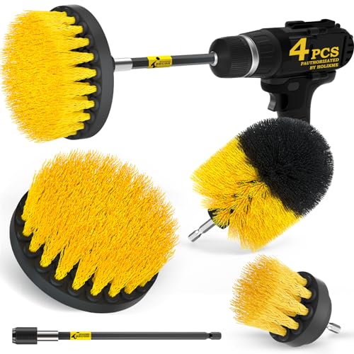 Holikme 4 Pack Drill Brush Attachments Set, Power Scrubber with Extend Long Attachment，Cleaning Supplies for Bathtub, Shower, Grout, Tile(Yellow)