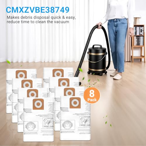 8 Pack CMXZVBE38749 Vacuum Dust Bags Replacement for CRAFTSMAN 16-20 Gallon Wet/Dry Shop Vac Bags: CMXEVBE17595, CMXEVBE17596, Part# 38749 - size: 38749-16 to 20 gallon