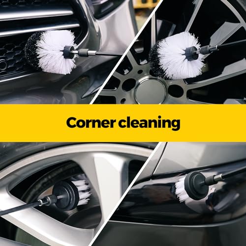Holikme 5Pack Drill Brush Attachment Set-Car Interior Detailing Kit，Power Scrubber Brush Extended Long Attachment for Bathroom, Car，Shower，Carpet,Boat,Kitchen，Floor and Tile，White | 4 nylon scrub brushes,white,Power scrubber kit for Bathroom Surfaces, Gro
