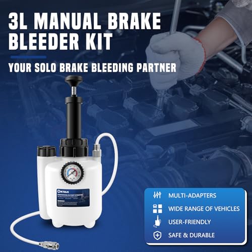 3L Manual Brake Bleeder Kit, Fluid Vacuum Pump Brake Pressure Bleeder kit with 4 Master Cylinder Adapters and 1L Brake Bleeder Bottle,Suitable for Most Models