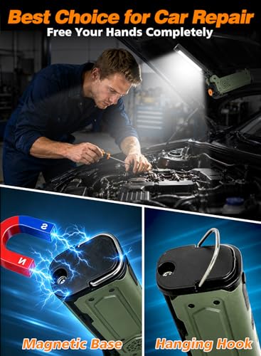Rechargeable LED Work Light, 5000mAh Magnetic Flashlight with Stepless Dimming, SOS Red Strobe & Loud Alarm, Rotatable & Foldable Mechanic Light for Car Repair, Camping & Emergency (1 Pack Green) - color: Green