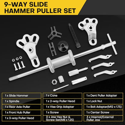 9-Way 2/3 Jaw Bearing Hub Gear Seal Remover Tool | 19PCS Heavy Duty Slide Hammer Puller Kit