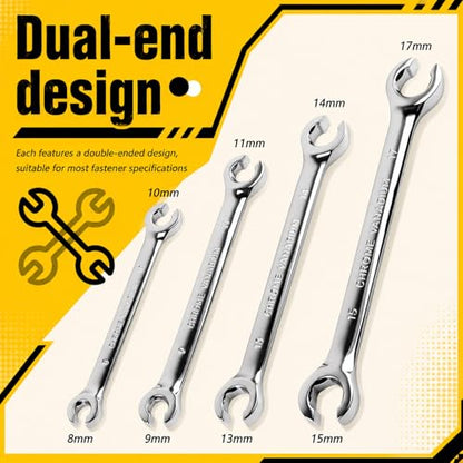 Car Brake Line Wrench Set,Rustproof Offset Flare Nut Wrench Set (8x10/9x11/13x14/15x17mm) for Detaching Nuts,Metric Flare Wrenches Sets for Brake Caliper & Line Repair