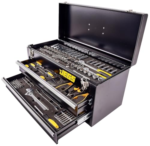 JEGS 170-Piece Mechanic's Tool Set - Includes Black Powder Coated Steel Toolbox, Sockets, Extenders, Ratchets, Wrenches, Screwdrivers, Pliers & Bits