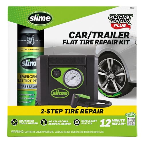Slime 50165 Flat Tire Puncture Repair, Smart Spair Plus, Emergency Kit for Car Tires, Includes Sealant and Tire Inflator Pump, Suitable for Cars and Other Highway Vehicles, 12 Min Fix - size: Car/Trailer, style: 12 Mins Fix