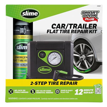 Slime 50165 Flat Tire Puncture Repair, Smart Spair Plus, Emergency Kit for Car Tires, Includes Sealant and Tire Inflator Pump, Suitable for Cars and Other Highway Vehicles, 12 Min Fix - size: Car/Trailer, style: 12 Mins Fix