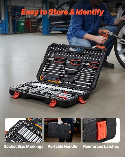 VEVOR Mechanics Tool Set, 314-Piece Mechanic Tool Kit, 1/4 in, 3/8 in, and 1/2 in Drive, Metric Socket Set, Wrenches, Screwdriver Bits, Accessories, and Storage Case, for Automotive and Home Repair - size: 1/4"&3/8"&1/2", style: 314 PCS