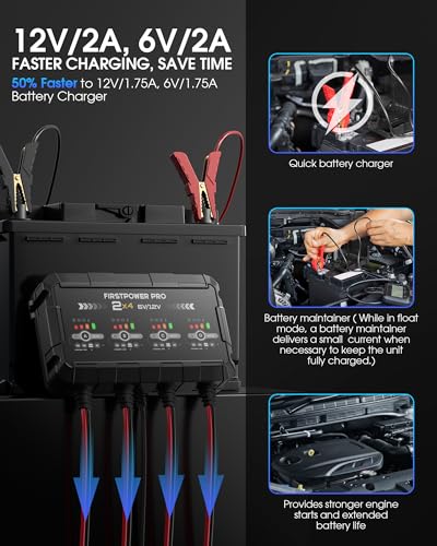 8A 4-Bank Car Battery Charger (2A/Bank) - 6V & 12V Automatic Trickle Charger, Motorcycle Battery Maintainer & Desulfator with Overcharge & Temperature Compensation – for Lead Acid, AGM, Gel, LiFePO4