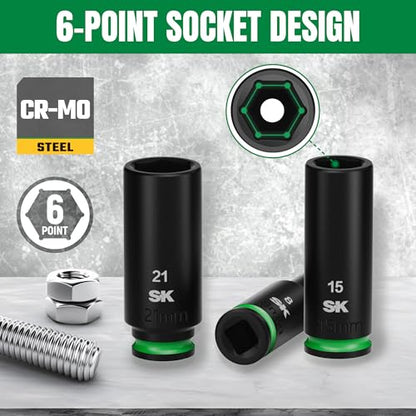 SK 3/8" Drive Impact Socket Set, Deep Metric Sockets, 13-Piece 8 to 21mm | Premium CR-MO Steel, SureGrip 6 Point Design, with Aluminum Socket Organizer - size: 3/8"-13PCS