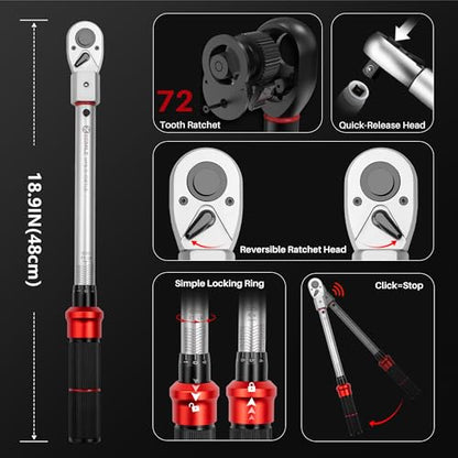 Adjustable Open End Torque Wrench 1/2" Drive-10-170 Ft-Lb for HVAC | 40MM 1/2 Inch Pound Torque Wrench(13.6-230.5Nm), Interchangeable Jaw&Ratchet Head for Car, Moto, Narrow Pipeline - size: 1/2" 10-170FT.LB, style: Click