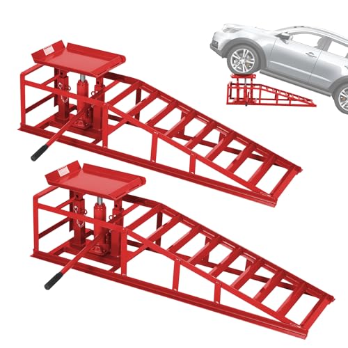 Heavy Duty Hydraulic Car Ramps 2 Pack – 5 Ton 11000 lbs Steel Low Profile Lift – Adjustable Height 9.4-13.34 in – Ideal for Oil Change & Garage Repair – Portable Truck & Low Car Service