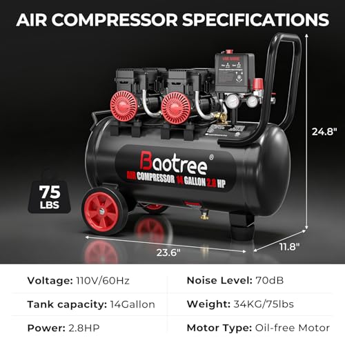 14 Gallon Ultra Quiet Air Compressor with Two Quick Couplers, 2.8HP MAX 115PSI Oil-Free Air Compressor Steel Tanks, 70dB Air Compressor with Wheels for Spray Painting, Auto Repair, Woodwork Nailing - size: 14G