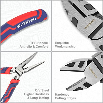 WORKPRO Pliers Set, 5-Piece Premium Cr-V Pliers Kit with Storage Pouch | 6 Inch Slip Joint, Long Nose, Diagonal Cutter, 8 Inch Groove Joint, 7 Inch Linesman, Ergonomic Grip, for Basic Repair - size: 5-piece