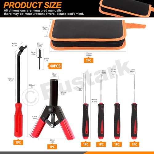 47Pcs Upgraded Poly Rivet Gun Automotive Kit with 40Pcs Nylon Blind Rivets, 4Pcs Precision Hook Tools, 1Pcs Fastener Removal Tool and Storage Bag, Plastic Hand Riveter for Automotive