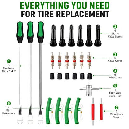 Tire Spoons, 28PCS Tire Changing Kit with 3 Tire Levers, Rim Protectors, Valve Tool, Valve Cores, Valve Caps & Valve Stems, Tire Removal Tool Set for Motorcycle, Dirt Bike, ATV, Lawn Mower, Tractor